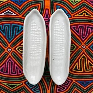 Set of 2 White Corn on the Cob‎ Ceramic Dishes Holders